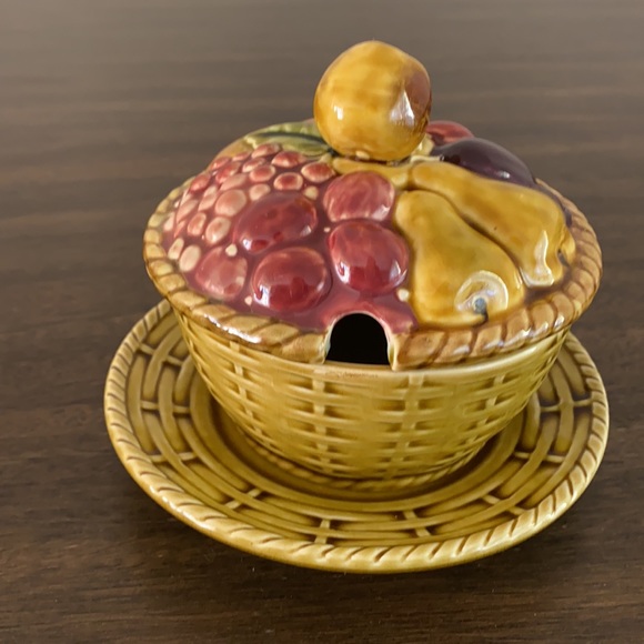 Sarreguemines France jam pot w/lid, saucer - Picture 6 of 8